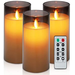 Flameless Candles Flickering Battery Operated Candles Set of 3(D 3″ x H 6″) Outdoor Plexiglass LED Candles Include Realistic Moving Wick and 10-Key Remote Control with 24-Hour Timer(Grey)