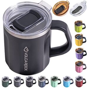 VOLCAROCK Stainless Steel Coffee Mug with Handle, 16 oz Double Wall Vacuum Insulated Travel Mug Tumbler With Slider Lid, Insulated Camping Tea Flask for Hot & Cold Drinks (Black)