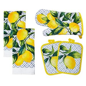 Franco Kitchen Designers Soft and Absorbent Cotton Towels with Pot Holders and Oven Mitt Linen Set, 5 Piece, Citrus Lemons