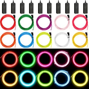 15 Pack EL Wire Portable Neon Lights 6.6 ft Cuttable Neon Glowing Strobing Electroluminescent Light Battery Powered LED Lights Glow in The Dark Costume with Battery Pack for Party, DIY Decoration