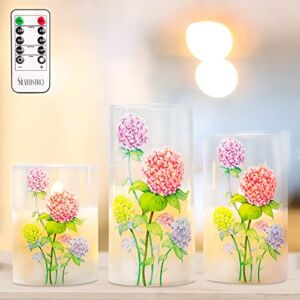 Silverstro Flickering Flameless Candles with Remote, Romantic Love Theme Glass Hydrangea LED Candles, Battery Operated Candles for Home Party Christmas Spring Decor – 3 per Pack