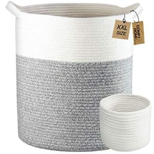 Laundry Basket 2pc by COMFY-HOMI Large Basket 18″X16″ Tall Woven Cotton rope Basket with Handles Decorative Basket for Blankets Round Storage Basket for living room,Clothes,Pillows,Towels (White Grey)