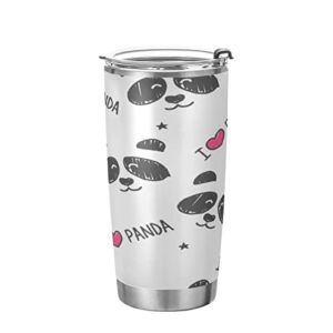 Kigai 20 oz Tumbler I Love Panda Pattern Stainless Steel Water Bottle with Lid and Straw Vacuum Insulated Coffee Ice Cup Double Wall Travel Mug