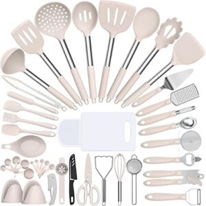 Silicone Cooking Utensil Set, Umite Chef 43 PCS Heat Resistant Kitchen Utensil Gadgets Set-Stainless Steel Handle- Kitchen Spatula Tools for Nonstick Cookware, Pots and Pans Accessories (Khaki)