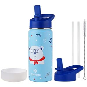 honogo 16 oz Stainless Steel Insulated Kids Water Bottle, Leak Proof Metal Thermos Flask with Straw lid, Cute Toddler Tumbler Cup for School Girls & Boys (Blue, Bear)