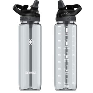 ICEWATER – 32 oz Water Bottle With Auto Straw Lid, Motivational Sports Water Bottle With Time Marker (Clear)