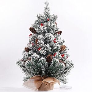 Pre-lit Artificial Mini Snowy White Christmas Tree, 22 Inch Small Table Top Snow Flocked Christmas Tree with Lights Red Berries Pine Cones and Cloth Bag Base for Xmas Indoor Desk Tabletop Decoration