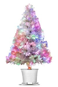 e Crafty Pre lit Mini Christmas Tree, Tabletop Artificial Fiber Optic Christmas Trees with Silver Base -24 Inch (White) …