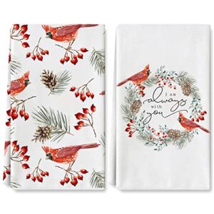 AnyDesign Christmas Kitchen Towel Cardinal Red Berries Dish Towel 18 x 28 Inch Xmas Tea Towel Decorative Hand Drying Towel for Kitchen Farmhouse Cooking Baking Party Supplies, 2 Pack
