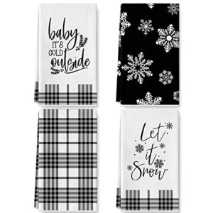 AnyDesign Let It Snow Kitchen Towel Christmas Winter Dish Towel 28 x 18 Snowflake Tea Towel Rustic Farmhouse Decorative Hand Drying Towel for Kitchen Cooking Baking Party Supplies, Set of 4