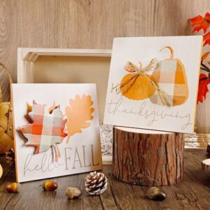 Adroiteet Set of 2 Thanksgiving Decorations Art Tabletop Frames, Happy Harvest Hello Fall Pumpkin Maple Leaves Wooden Sign Centerpieces for Home Kitchen Room