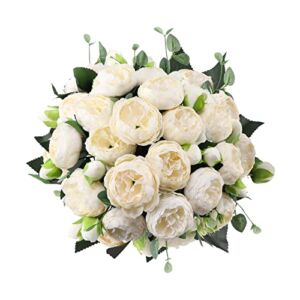 Hoikwo 4 Pack Small Ivory White Peony Artificial Flowers (20 Peony Heads), Silk Fake Flowers Wedding Bouquet with Stems