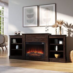 Della Electric Faux Fireplace TV Stand Heater, Entertainment Center with Built-In Bookshelves and Cabinets, Remote Control and Enhanced Log Display – Brown