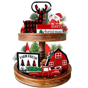 Christmas Tiered Tray Decor, 5 Pieces Farmhouse Decorations Indoor, Merry Christmas Deer Truck Winter Wooden Signs, Rustic Christmas Decor for Kitchen Home Table Mantel Office Holiday Party