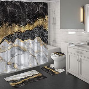 MitoVilla 4 Pcs Black Marble Shower Curtain Sets with Rugs, Black Grey Gold Bathroom Sets with Shower Curtain and Rugs and Accessories, Modern Bathroom Accessories Decor with Bath Mats, Gray