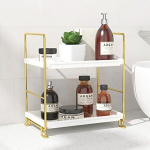FSyueyun 2-Tier Makeup Shelf Organizer, Kitchen Spice Rack or Bathroom Countertop Organizer Vanity Bedroom Storage Tray (Gold)