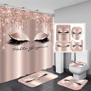 AZHM 4PCS/Set Pretty Eyelash Shower Curtain Spark Rose Gold Drips Hello Gorgeous Bathroom Decor Waterproof Cloth Polyester Bath Curtain Bathtub Curtains, Bathroom Carpet Bath Mat Toilet Rugs