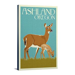 Ashland, Oregon, Deer and Fawn, Letterpress (24×36 Gallery Wrapped Stretched Canvas)