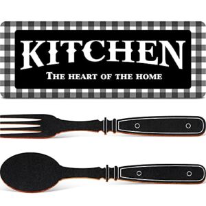 Kitchen Sign Set Kitchen Wall Decor The Heart of The Home Sign Wood Rustic Buffalo Plaid Kitchen Decoration Fork and Spoon Farmhouse Kitchen Wall Decor for Housewarming Kitchen Decor (Black Backing)