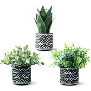 Kazeila 3 Pack Potted Fake Plants Artificial Snake Plant,Greenery Eucalyptus Leaves Plant and Flocked Sage Plant,Faux Desk Plants for Indoor Home Office Farmhouse Kitchen Bathroom Table Decor