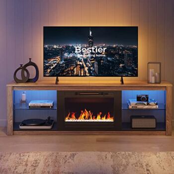 Bestier Fireplace TV Stand for 75 inch TV with 23 inch Electric Fireplace, 70 inch Entertainment Center with LED Light, Glass Shelves for Living Room, Wash Gray | The Storepaperoomates Retail Market - Fast Affordable Shopping
