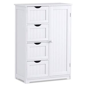 Giantex Bathroom Floor Cabinet Wooden with 1 Door & 4 Drawer, Free Standing Wooden Entryway Cupboard Spacesaver Cabinet, White