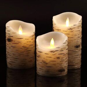 Flameless Candles Birchwood 4″ 5″ 6″ Set of 3 Dripless Real Wax Pillars Include Realistic Dancing LED Flames and 10-Key Remote Control with 24-Hour Timer Function -AntizerTM