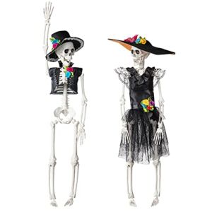 DECORLIFE 2 PCS Skeleton Halloween Decoration, 16 inch Full Body Posable Skeletons, Bride and Groom Ornament, Halloween Decorations for Home, Party, Graveyard, Haunted House Décor