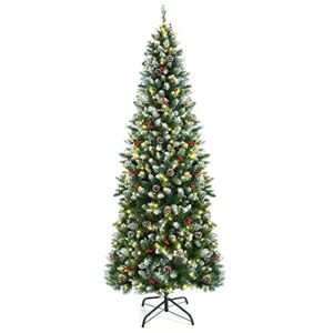 Goplus 7ft Pre-lit Pencil Christmas Tree, Snow Flocked Artificial Hinged Xmas Tree w/ Metal Base, 818 Tips, 350 Lights, Pine Cones & Red Berries, Holiday Decoration for Indoor, Home, Office, Shop