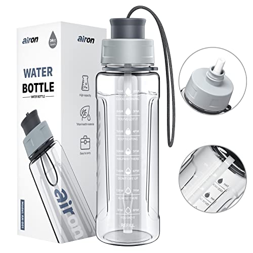 AIRON 34oz Sports Water Bottle – Leakproof & BPA Free Tritan with Time Marker & Removable Straw to Ensure You Drink Enough Water Throughout The Day for Fitness and Outdoor Sports Grey | The Storepaperoomates Retail Market - Fast Affordable Shopping