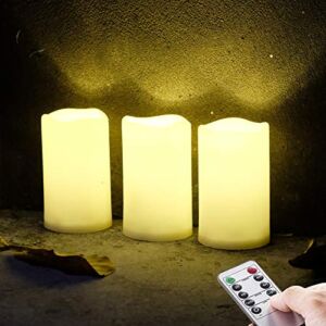 3 X 5” Outdoor Waterproof Flameless Candles, 3 Pack, Warm White LED Resin Rainproof Pillar Battery Candle with Remote Control/Timer