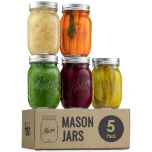 Paksh Novelty Mason Jars 16 oz – 5-Pack Regular Mouth Glass Jars with Lid & Seal Bands – Airtight Container for Pickling, Canning, Candles, Home Decor, Overnight Oats, Fruit Preserves, Jam or Jelly