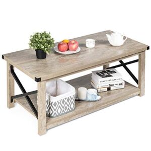 Tangkula Rustic Coffee Table, Farmhouse Accent Cocktail Table w/2 Tier Storage Shelf, Wide Tabletop & X Metal Frame, Sofa Center Table for Living Room, Vintage Rectangle Wood Coffee Table (Grey Wash)