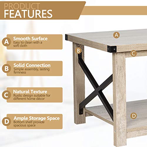 Tangkula Rustic Coffee Table, Farmhouse Accent Cocktail Table w/2 Tier Storage Shelf, Wide Tabletop & X Metal Frame, Sofa Center Table for Living Room, Vintage Rectangle Wood Coffee Table (Grey Wash) | The Storepaperoomates Retail Market - Fast Affordable Shopping