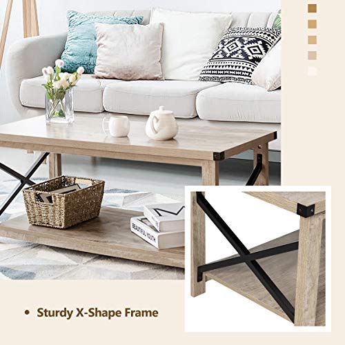 Tangkula Rustic Coffee Table, Farmhouse Accent Cocktail Table w/2 Tier Storage Shelf, Wide Tabletop & X Metal Frame, Sofa Center Table for Living Room, Vintage Rectangle Wood Coffee Table (Grey Wash) | The Storepaperoomates Retail Market - Fast Affordable Shopping