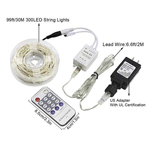 ErChen Adapter Powered Led Starry String Lights, 100FT 30M 300 Led Plug in Dimmable Remote Control Silver Copper Wire Fairy Lights for Wedding Christmas Party Home Decor (Warm White) | The Storepaperoomates Retail Market - Fast Affordable Shopping
