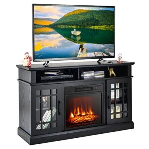 GOFLAME Fireplace TV Stand for TV up to 55 Inches, Freestanding Wood Entertainment Center with 18” Electric Fireplace, 48″ TV Console Table with 2 Open Storage Compartments and 2-Door Cabinet, Black