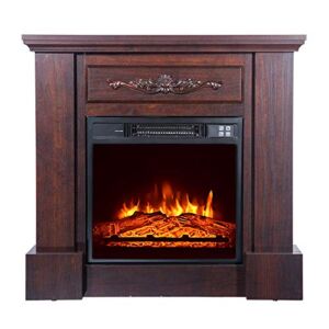 Winado 32” Electric Fireplace with Mantel, Stove Heater Cabinet with Realistic Flame & Fake Firewood & Remote Control, CSA Certified, 120V 1400W, Red Brown