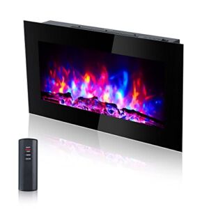 Electric Fireplace 36 inch Recessed and Wall Mounted, Fireplace Heater and Linear Fireplace, with Timer, Remote Control, Adjustable Flame Color, 750w/1500w, Black