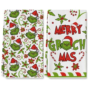 Whaline Christmas Kitchen Towel 18 x 28 Inch Funny Cartoon Character Poinsettia Dish Towel Xmas Holiday Flower Hand Drying Tea Towel for Cooking Baking Kitchen Supplies, 2 Packs