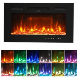 Winado 30 inch Wall Mounted and Recessed Electric Fireplace, Ultra Thin, Low Noise, Remote Control with Timer, Touch Screen, 12 Flame Colors, 5 Brightness Levels, 750W/1500W (Black)