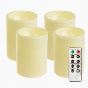 GiveU 4 Pack Battery Powered Electronic Plastic Pillar Flickering Candle With Remote Timer ,For Home Indoor & Outdoor Decoration,3x4inches,Ivory