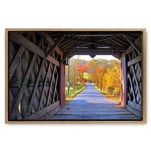 Large Wooden Framed Canvas Wall Art Ashland Covered Bridge Yorklyn Delaware Canvas Prints Painting Artwork for Home Decoration Living Room Bedroom Ready to Hang