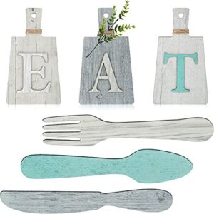 6 Pieces 7.5 x 4.3 inch Eat Sign Kitchen Decorations Wall Cutting Board Eat Signs Kitchen Decor Fork Spoon and Knife Wood Wall Decor Rustic Farmhouse Kitchen Wall Art (Chic Color)