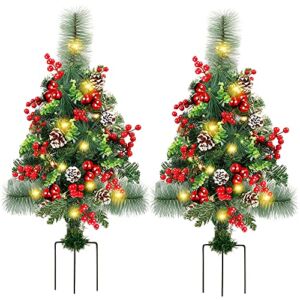 GUOOU Set of 2 30 Inch Pre-Lit Pathway Christmas Trees, Outdoor Christmas Tree Decorations for Porch, Driveway, Yard, Garden, with 66 LED Lights, Red Berries, Pine Ones, Red Ball Ornaments