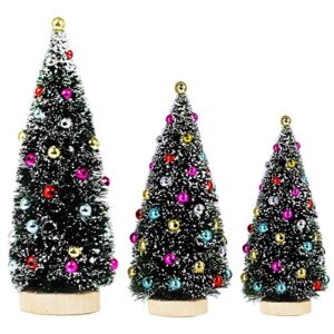 3 Pack Artificial Mini Tabletop Christmas Trees Tiny Frosted Bottle Brush Trees Decorated Small Sisal Trees with White Snow and Colorful Beads for Winter Holiday Miniature Village Décor Assorted Sizes