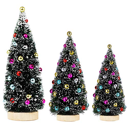 3 Pack Artificial Mini Tabletop Christmas Trees Tiny Frosted Bottle Brush Trees Decorated Small Sisal Trees with White Snow and Colorful Beads for Winter Holiday Miniature Village Décor Assorted Sizes | The Storepaperoomates Retail Market - Fast Affordable Shopping