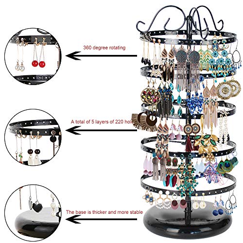 5 Tiers Metal Rotating Earring Holder Organizer, MODOWEY Exquisite Jewelry Display Stand Necklace Rack Holder, 220 Holes for Earrings- 14×6.3 Inch (Black) | The Storepaperoomates Retail Market - Fast Affordable Shopping