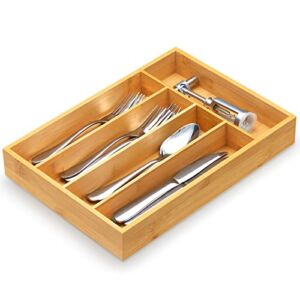 FURNINXS Bamboo Kitchen Drawer Organizer Wooden Silverware Utensil Tray Holder with 5 Small Narrow Compartments for Cutlery Spoons Forks Knives Storage Flatware Organizer 14×10.5×2 inch