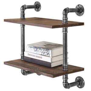 MyGift Industrial Pipe Shelf, 17-Inch Black Metal Pipe & Rustic Brown Wood 2-Tier Wall Mounted Steampunk Shelving Unit